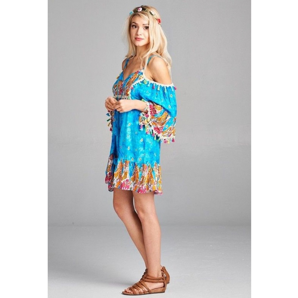 Lulu AZ Velzera Turquoise Cold Shoulder Boho Dress - Picture 4 of 4